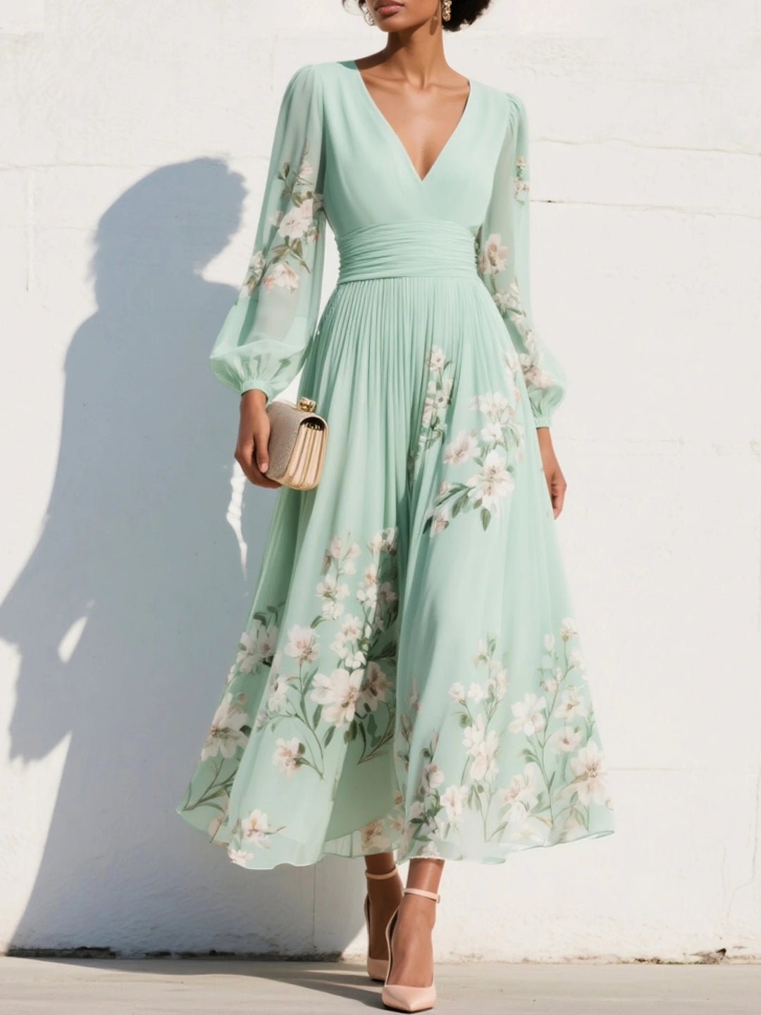 Freya | Women's Floral V-Neck Balloon-Sleeve Midi Dress