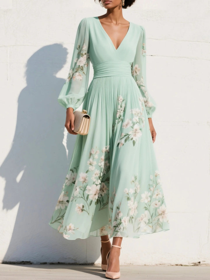 Freya | Women's Floral V-Neck Balloon-Sleeve Midi Dress