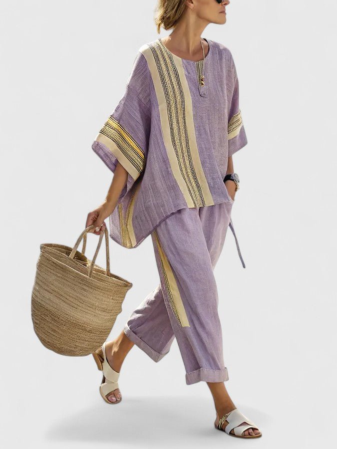 Ella | Women's Linen-Mix Geometric Pattern Relaxed-Fit Co-Ord Set