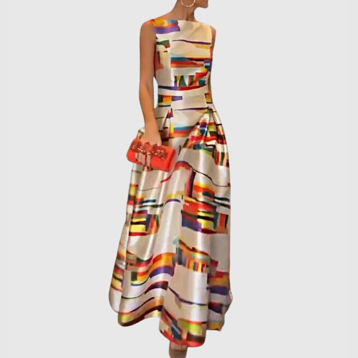 Amelia | Women's Satin Abstract Print Sleeveless Maxi Dress