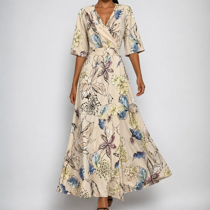 Florence | Women's Satin-Finish Floral Wrap V-Neck Belted Maxi Dress