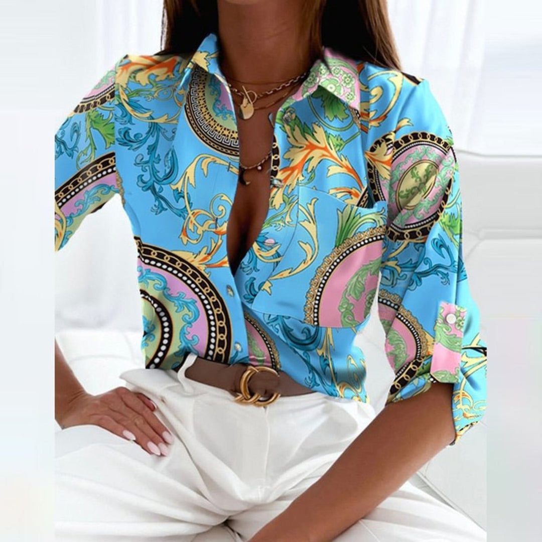 Willow | Women's Satin Geometric Print Button-Down Blouse