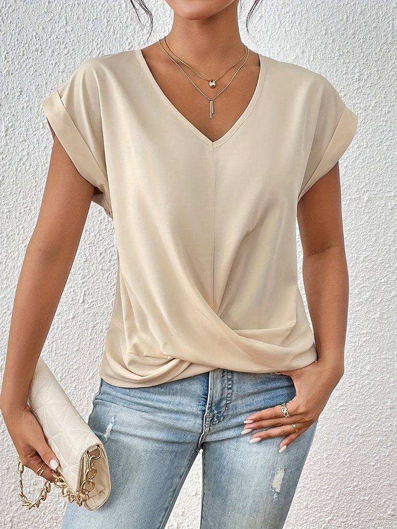 Phoebe | Women's Satin Twist-Front V-Neck Short-Sleeve Top