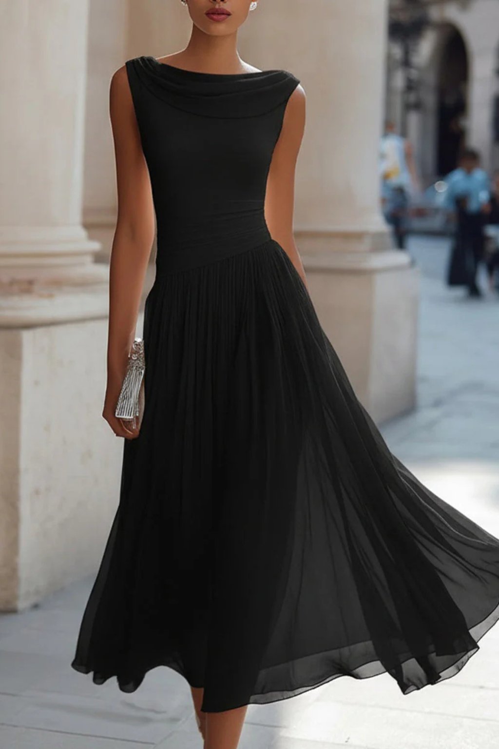 Rosie | Women's Sleeveless Cowl-Neck Pleated Midi Dress