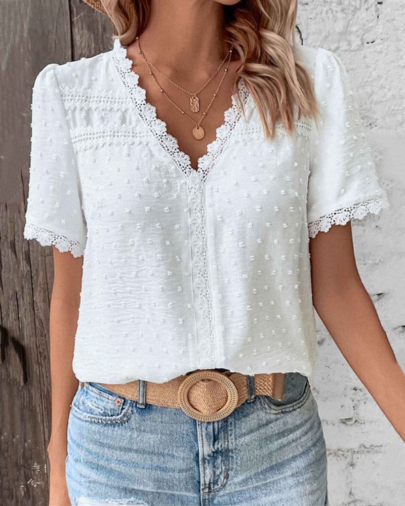 Freya | Women's Swiss Dot Boho V-Neck Lace-Trim Blouse