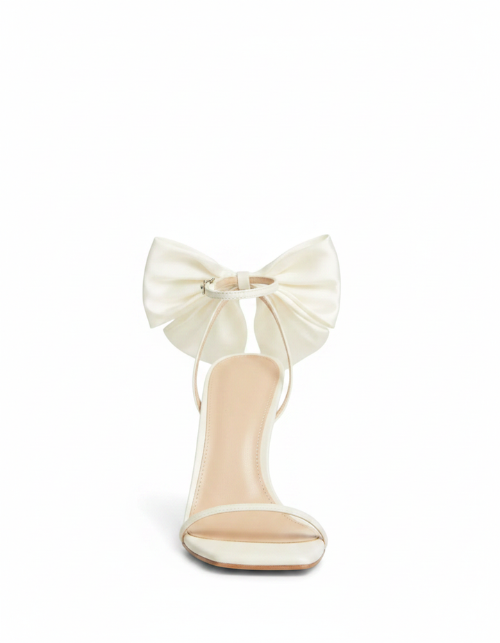 Xuan | Women's Bow Strap Satin Heeled Sandals in White