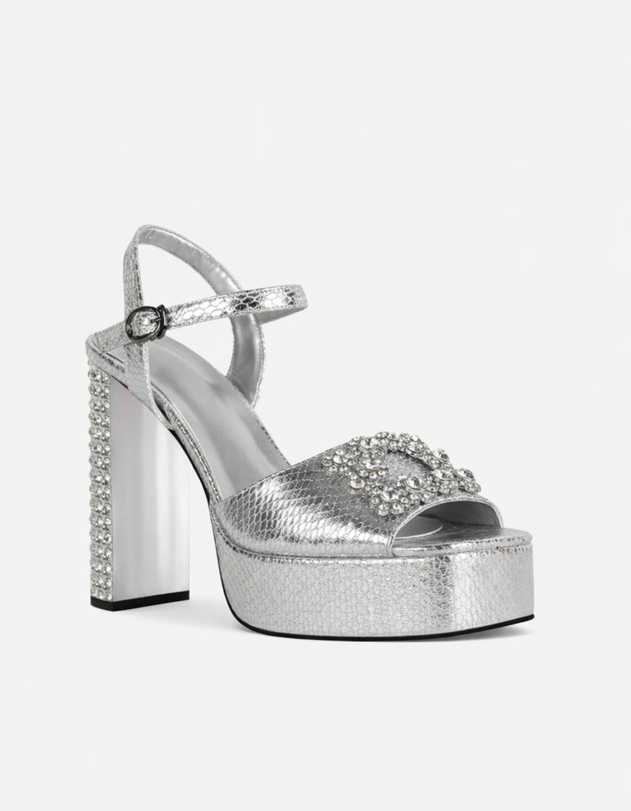 Zaahir | Women's Rhinestone Strap Platform Sandals in Silver