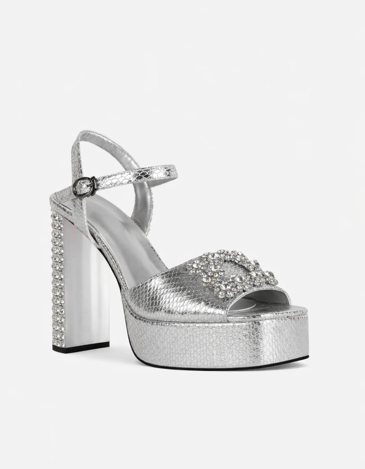 Zaahir | Women's Rhinestone Strap Platform Sandals in Silver